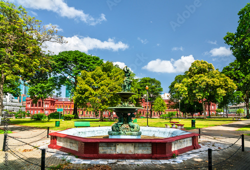 Fountain and Parliament Building at Woodford Square in Port of Spain, Trinidad and Tobago photo