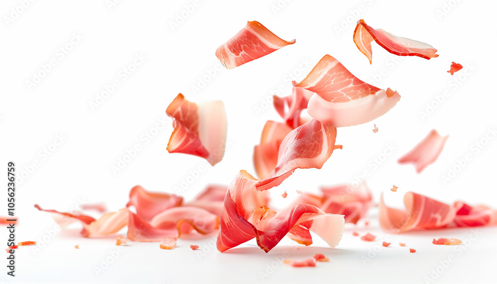 Fototapeta premium Sliced bacon isolated on white background, falling ham strips