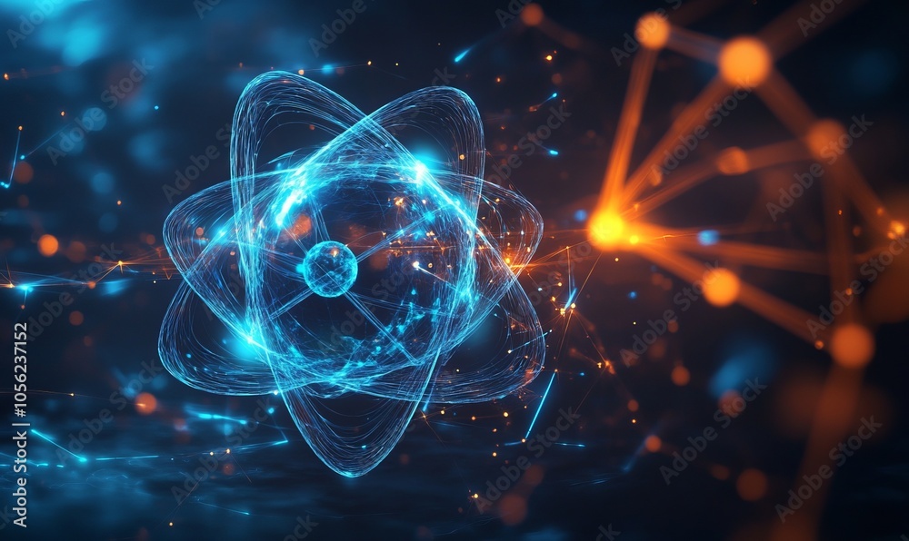 Obraz premium Abstract atomic structure with glowing blue particles on dark background
