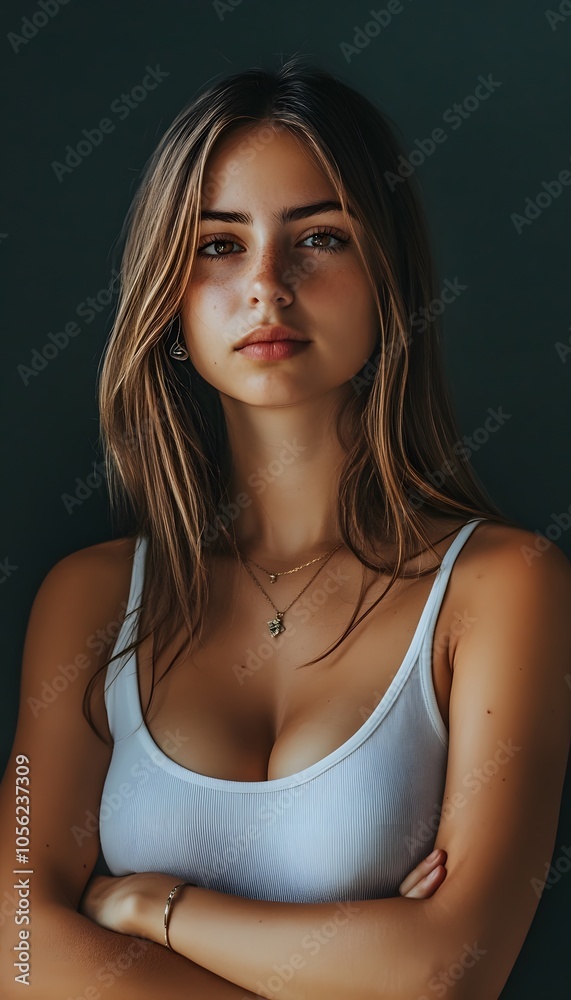 Fototapeta premium A woman in a white tank top with her arms crossed