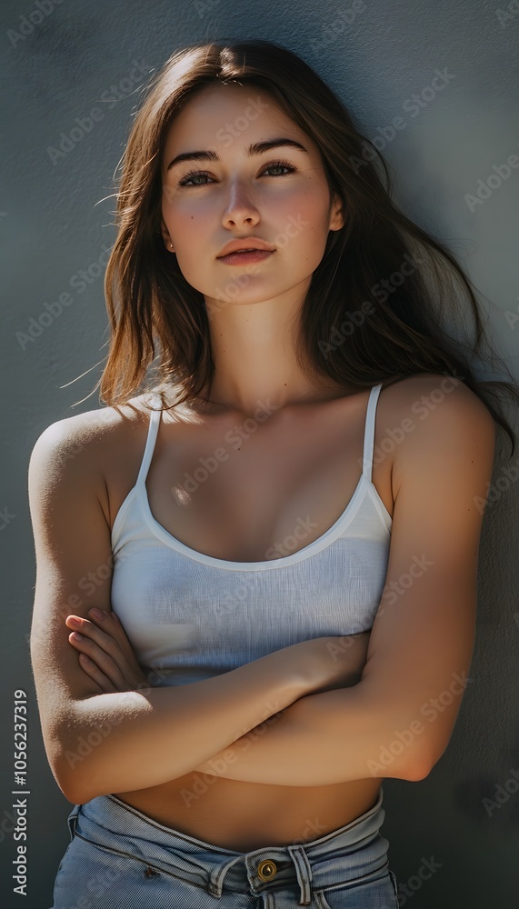 Fototapeta premium A woman in a white tank top with her arms crossed