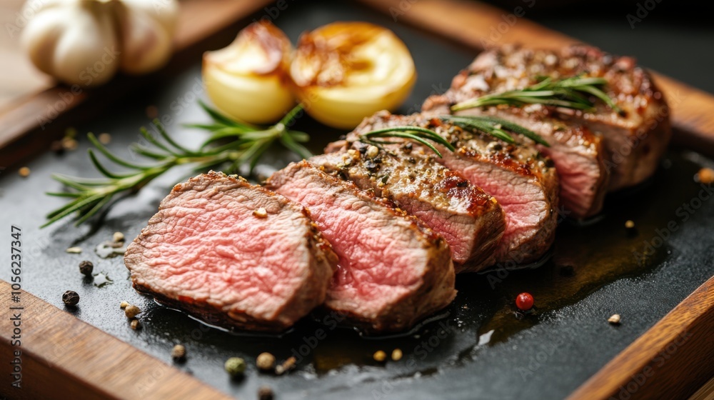 A lamb steak sliced into medallions, served with a drizzle of rosemary-infused A lamb steak sliced into medallions, served with a drizzle of rosemary-infused