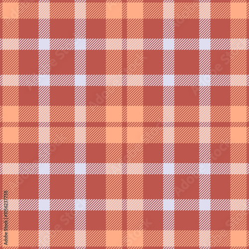 Tablecloth texture fabric pattern, trendy seamless tartan plaid. Pink vector textile check background in red and orange colors.