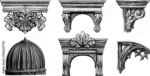 Classic Border and Ornament Vector Set. Decorative Frieze, Dome, and Cornice Elements with Baroque and Gothic.