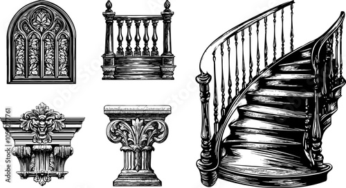 Vintage Spiral Staircase and Balustrade Vector Set. Sketch of Classic Ionic and Corinthian Columns, Archways, and Gothic Pediments.