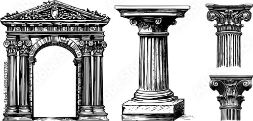 Vector Set of Antique Arch, Pilaster, Columns and Pillars in Greek and Roman Architecture.