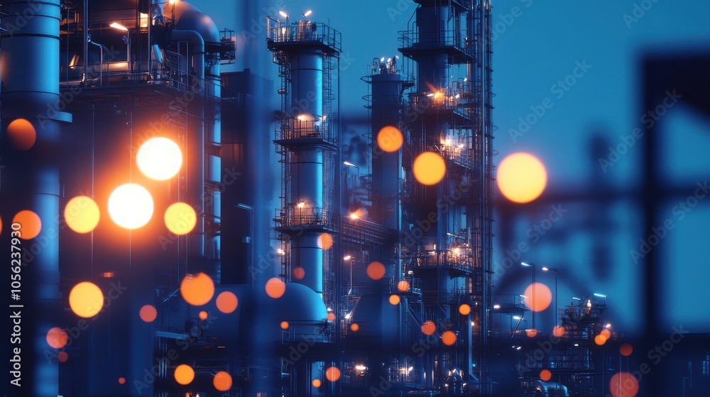 A night view of a power plant, with lights illuminating A night view of a power plant, with lights illuminating
