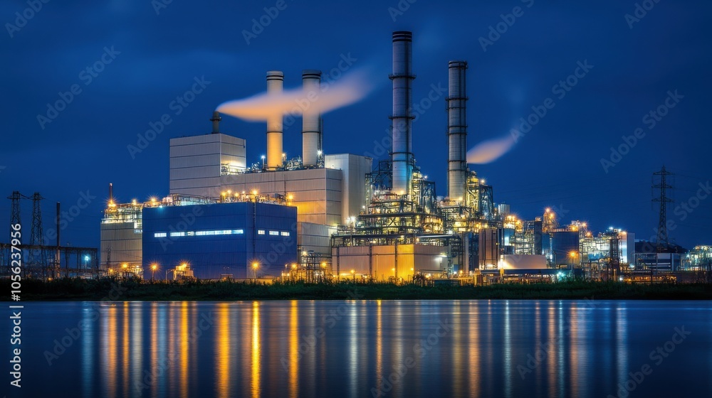 A night-time view of a power plant fully operational, A night-time view of a power plant fully operational,