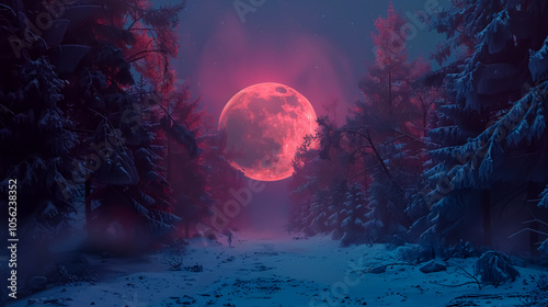 Dark winter forest background at night. Snow, fog, moonlight. Neon figure in the center