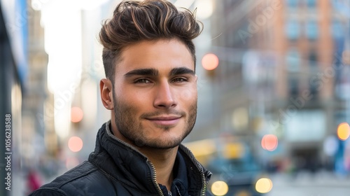 Confident Young Caucasian Man Smiling in Urban Setting. Concept of Self-Assurance, Modern Lifestyle, Fashion Confidence, and City Vibes. Gay man, LGBT photo