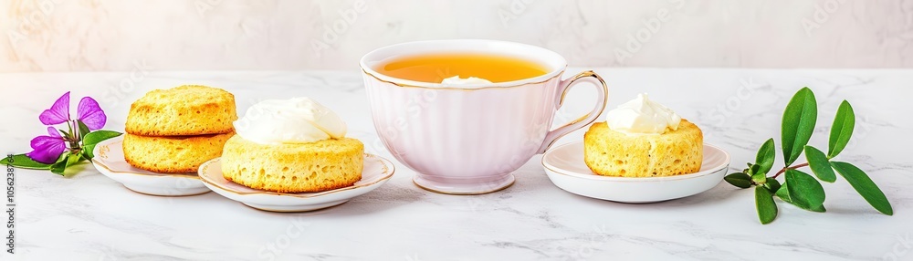 Elegant afternoon tea setup, delicate porcelain cups, scones, and clotted cream, bathed in soft, warm sunlight, Vintage, Soft pastels, High detail Elegant afternoon tea setup, delicate porcelain cups, scones, and clotted cream, bathed in soft, warm sunlight, Vintage, Soft pastels, High detail