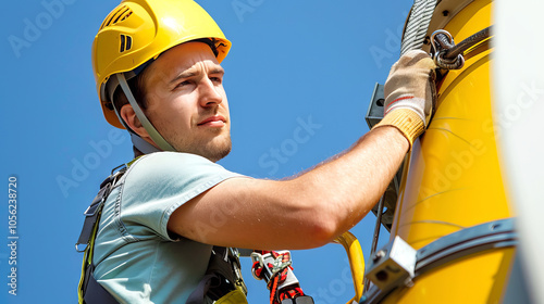 Caucasian Male Construction Worker Wearing Safety Helmet and Harness on Ladder. Concept of Occupational Safety, Industrial Work, Engineering, Outdoor Labor photo