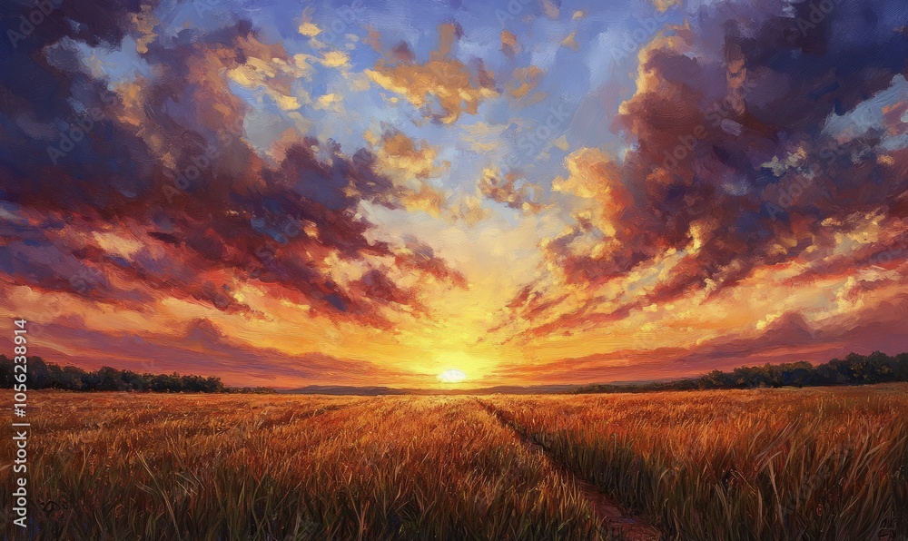 A stunning sunset paints the sky in vivid colors while a vast open field stretches below, capturing the essence of a tranquil evening as day transitions to night A stunning sunset paints the sky in vivid colors while a vast open field stretches below, capturing the essence of a tranquil evening as day transitions to night