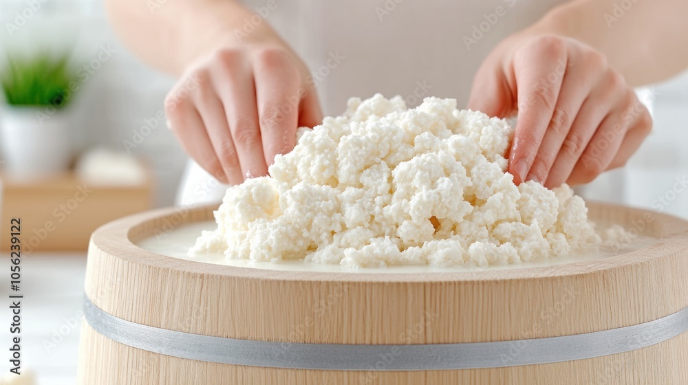 Hands preparing fresh ricotta cheese in a wooden barrel, AI