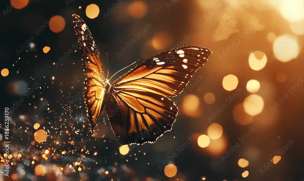 A stunning butterfly emerges from sparkling fragments, symbolizing beauty and transformation in nature A stunning butterfly emerges from sparkling fragments, symbolizing beauty and transformation in nature