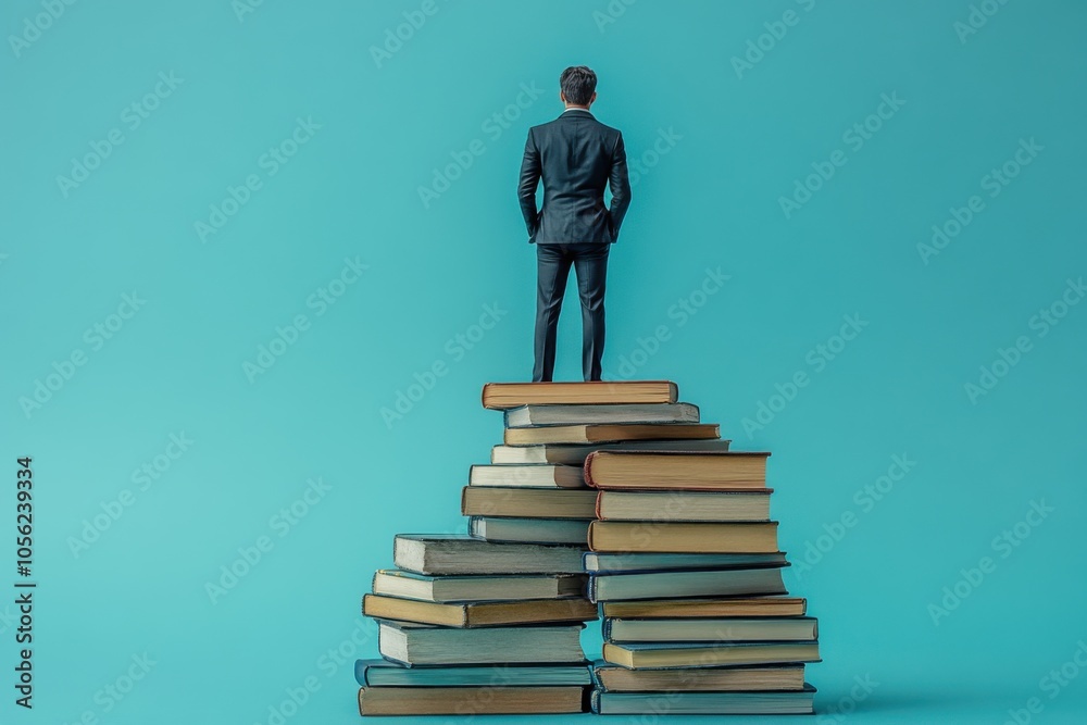 Man standing on top of a stack of books Man standing on top of a stack of books