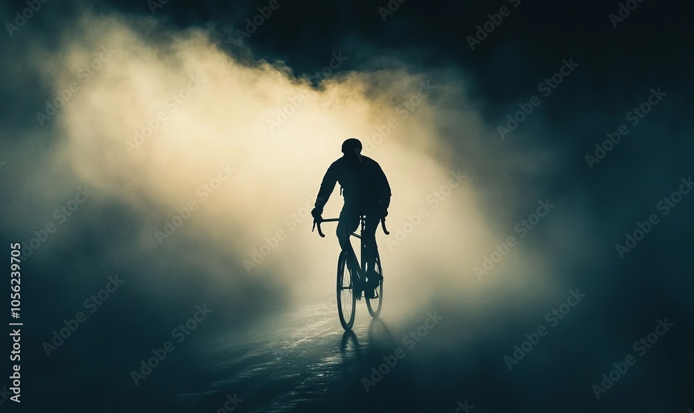 Fototapeta premium A silhouetted cyclist rides through a dramatic fog, embodying adventure and the thrill of exploration in a moody atmosphere