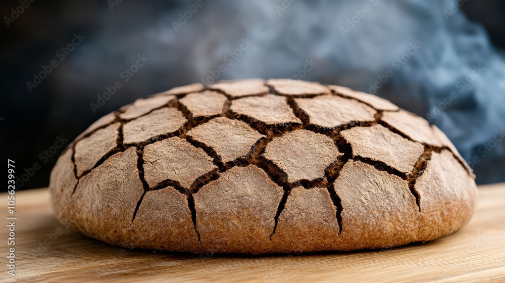 Crusty round loaf of freshly baked bread with a cracked surface on a wooden board, AI Crusty round loaf of freshly baked bread with a cracked surface on a wooden board, AI