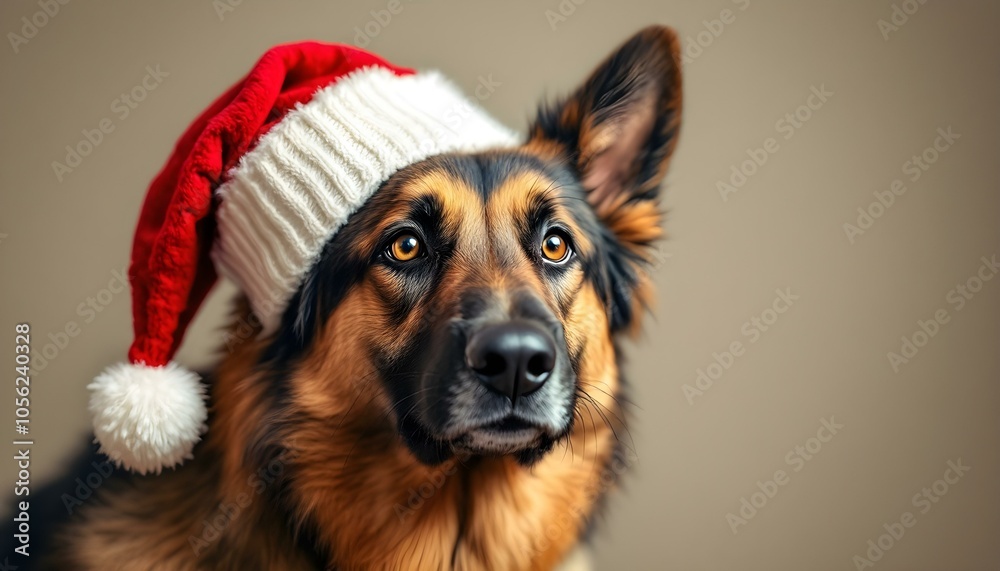 Festive German Shepherd in Santa Hat - Soft Natural Light Profile with Blurred Background Festive German Shepherd in Santa Hat - Soft Natural Light Profile with Blurred Background