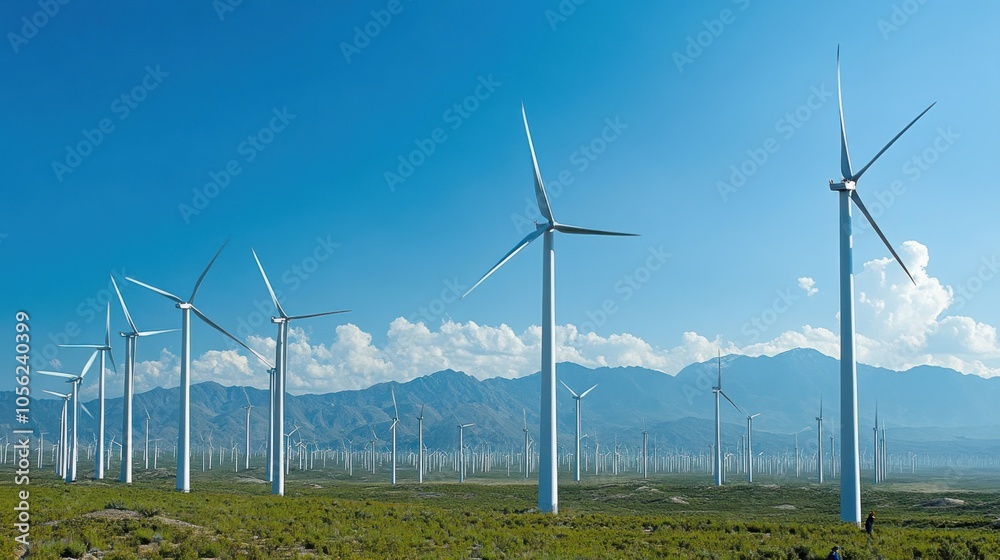 A wind farm with dozens of turbines spinning, engineers performing A wind farm with dozens of turbines spinning, engineers performing