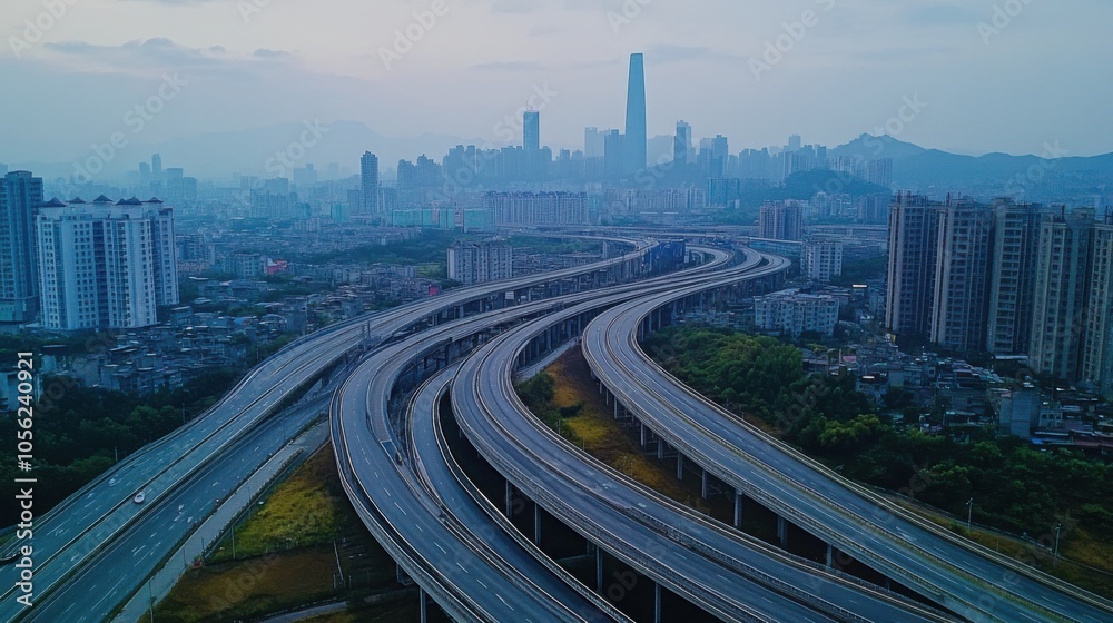 Fototapeta premium An aerial shot of a newly built elevated road winding through