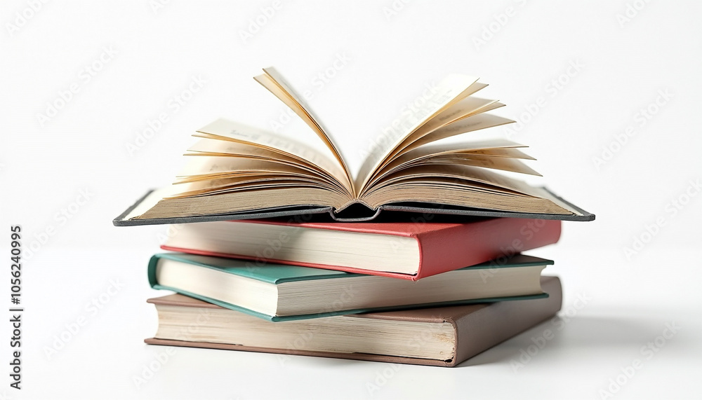 Open Book on Stack of Hardcover Books with Blank Background Open Book on Stack of Hardcover Books with Blank Background