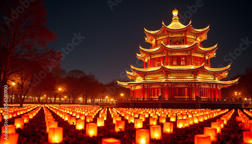 Majestic Pagoda with Rows of Red Lanterns Illuminated at Night