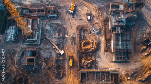 An aerial view of a massive construction site with earthmoving