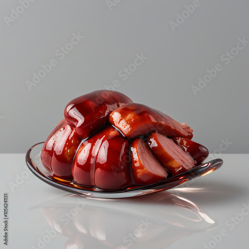 Elegant glass Char Siu sculpture with glossy red tones and caramelized details against a light gray background, generative ai photo