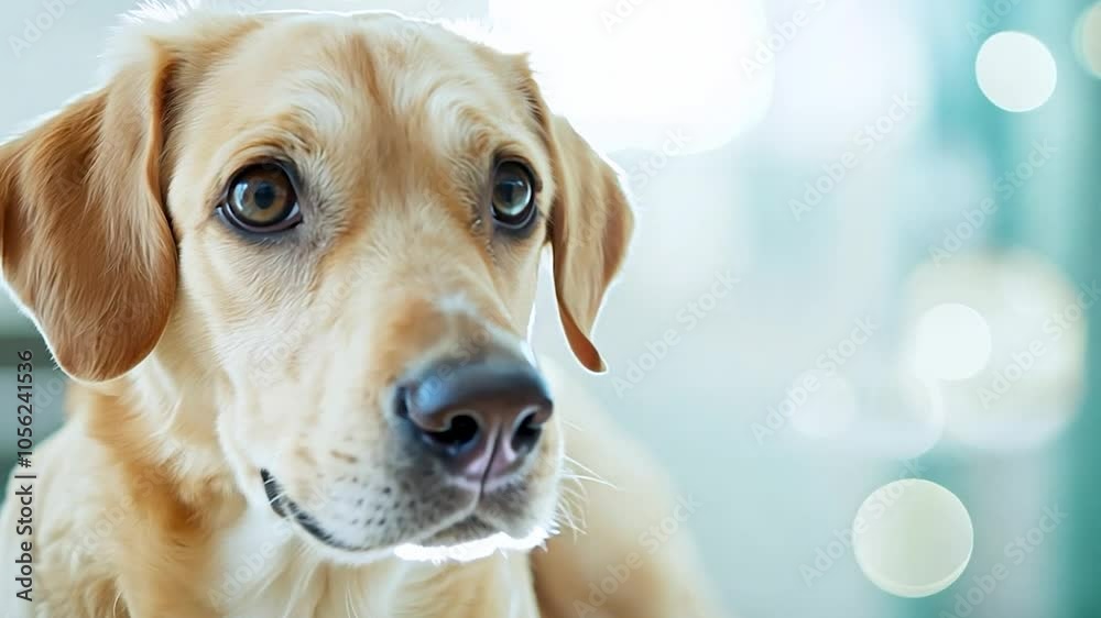 Labrador retriever dog poses on a white surface in a bright interior. The sequence captures the dog moving closer, showcasing its friendly demeanor and playful nature Labrador retriever dog poses on a white surface in a bright interior. The sequence captures the dog moving closer, showcasing its friendly demeanor and playful nature