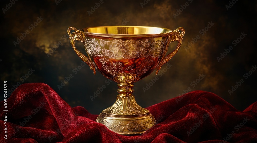 A golden trophy with ornate details stands on a red velvet cloth against a dark background. A golden trophy with ornate details stands on a red velvet cloth against a dark background.