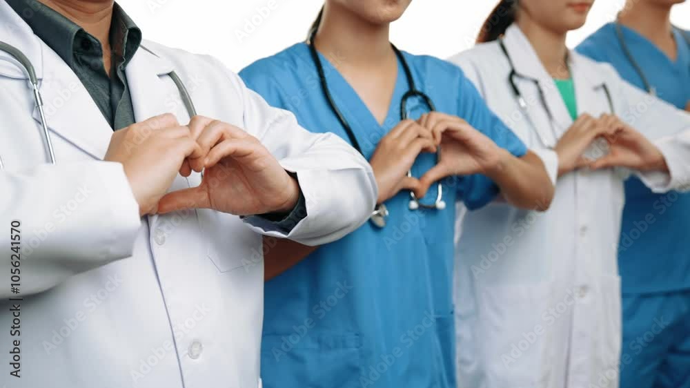 Professional team of medical staff stand in line, raise heart hand together symbolize healthcare service and doctor leadership at hospital. Teamwork lead to successful treatment.Slow motion. Rigid. Professional team of medical staff stand in line, raise heart hand together symbolize healthcare service and doctor leadership at hospital. Teamwork lead to successful treatment.Slow motion. Rigid.