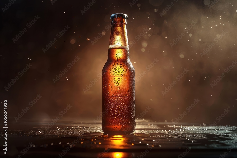 Beer bottle with condensation, highlighted under a spotlight against a dark background Beer bottle with condensation, highlighted under a spotlight against a dark background