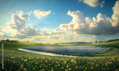 A field with a pond and a solar farm
