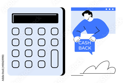 Calculator with large buttons next to a person holding a Cashback sign. Man is engaging from a web browser window. Ideal for finance, savings, rewards, cash incentive programs, online banking