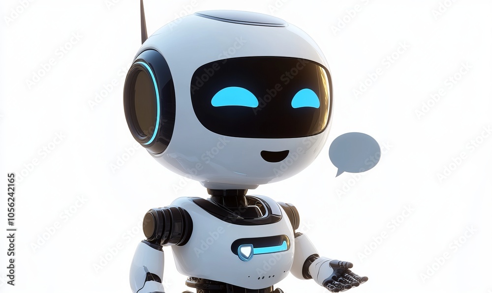 A delightful chatbot character complete with a speech bubble stands out against a white background A delightful chatbot character complete with a speech bubble stands out against a white background