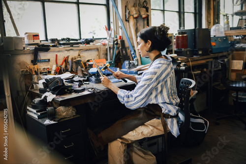 Side view of female craftsperson resizing jewelry while sitting on chair at workshop