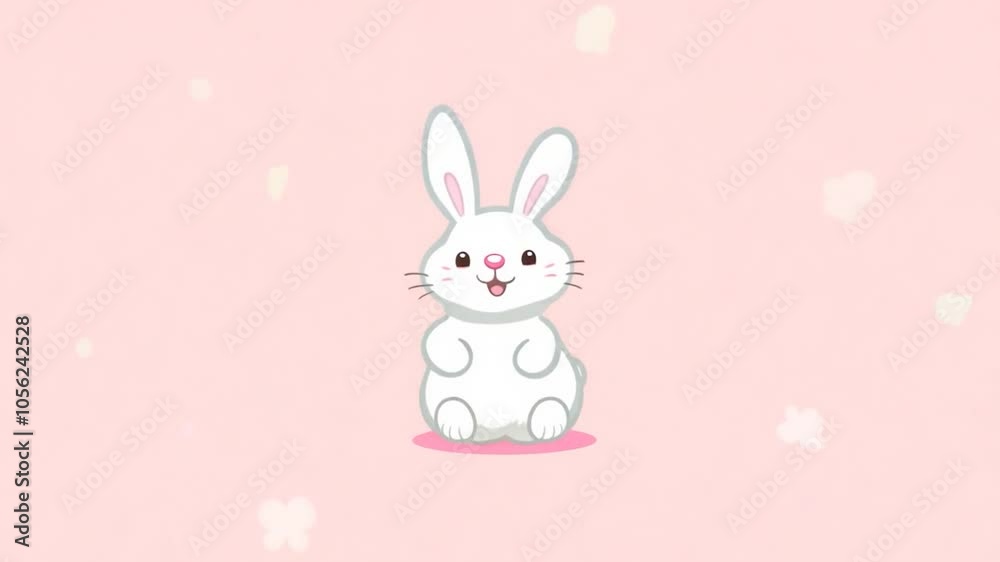 Cute white rabbit with pink ears waves its paws against a pink background adorned with white flowers. The scene radiates joy and playfulness, capturing a cheerful and adorable atmosphere