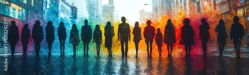 Brightly colored silhouettes of people walking in a city street