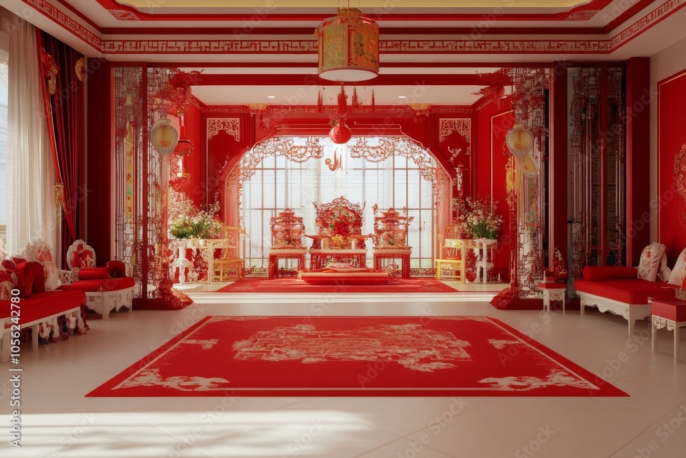 Red and white room featuring red rug, minimalist decor, cozy seating, bright lighting, modern design. Red and white room featuring red rug, minimalist decor, cozy seating, bright lighting, modern design.