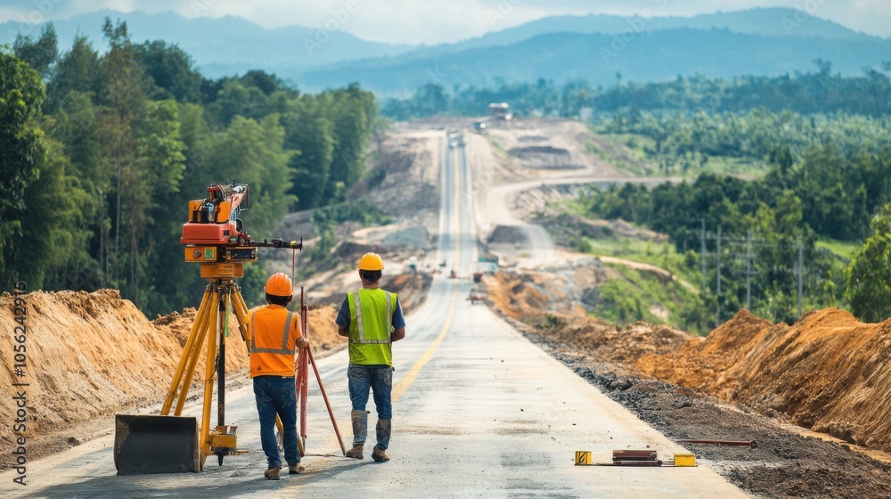 Engineers using surveying tools to ensure the correct alignment Engineers using surveying tools to ensure the correct alignment