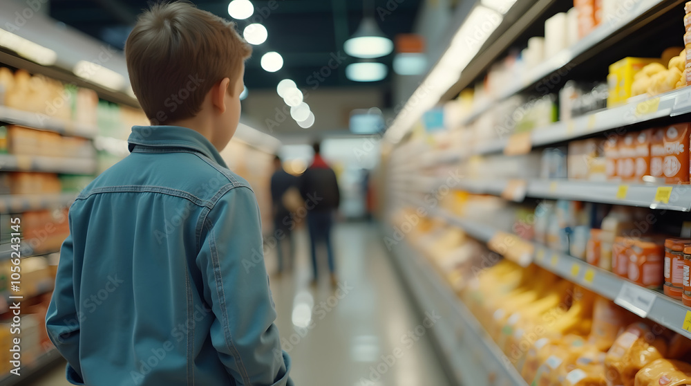 Cute little boy choosing food in supermarket, back view. Kid choosing food in grocery store Cute little boy choosing food in supermarket, back view. Kid choosing food in grocery store