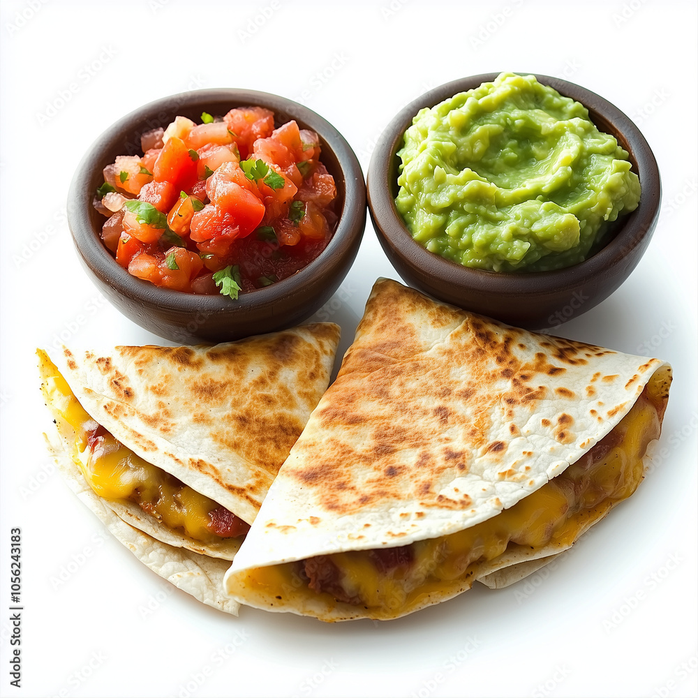 Cheese Quesadillas with Crispy Tortilla Filled with Melted Cheese Served with Salsa and Guacamole Isolated on White Background Cheese Quesadillas with Crispy Tortilla Filled with Melted Cheese Served with Salsa and Guacamole Isolated on White Background