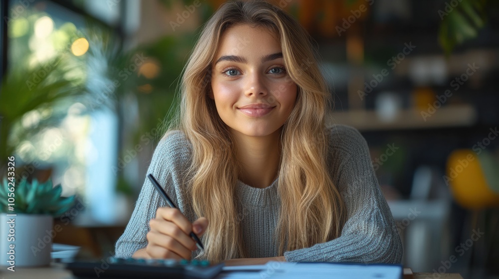Young woman smiling while using calculator in home office, relaxed work setting, natural lighting, focused, casual business lifestyle, modern workspace, cheerful and organized, home productivity Young woman smiling while using calculator in home office, relaxed work setting, natural lighting, focused, casual business lifestyle, modern workspace, cheerful and organized, home productivity