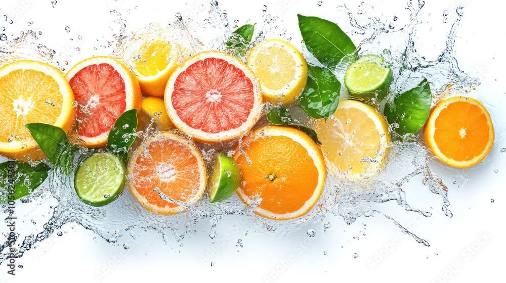 splash of vibrant citrus fruits with water droplets on white background