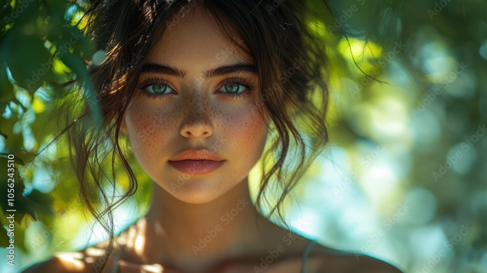 Close-up portrait of woman in green foliage, freckles and soft lighting, natural beauty, serene and peaceful expression, outdoor setting, summer day, connection with nature, warm and calm atmosphere Close-up portrait of woman in green foliage, freckles and soft lighting, natural beauty, serene and peaceful expression, outdoor setting, summer day, connection with nature, warm and calm atmosphere