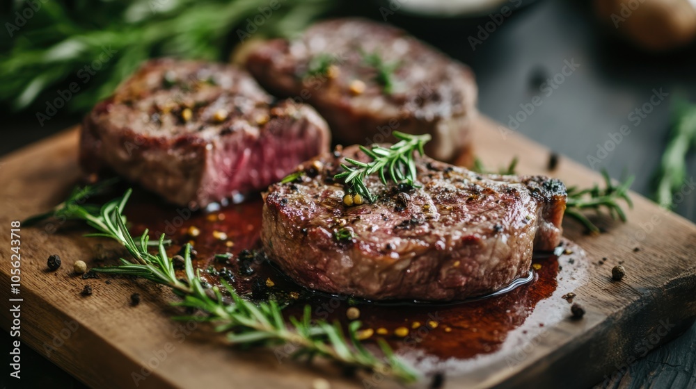 Lamb steak resting on a cutting board, with juices flowing Lamb steak resting on a cutting board, with juices flowing