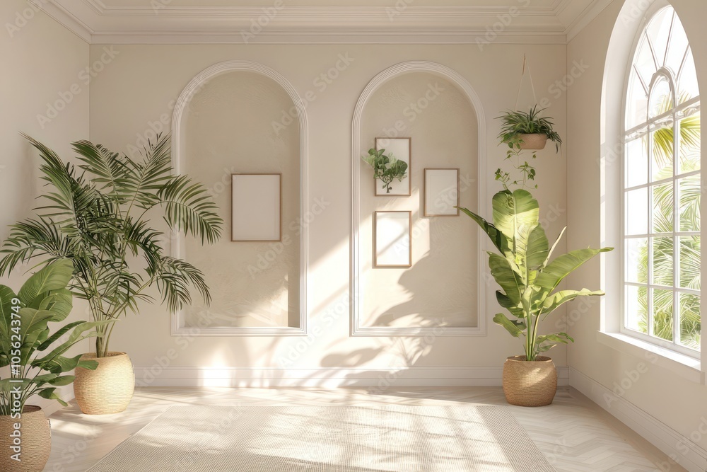 3D rendering of a light-filled room with decorative panels featuring plants and picture frames on the walls 3D rendering of a light-filled room with decorative panels featuring plants and picture frames on the walls