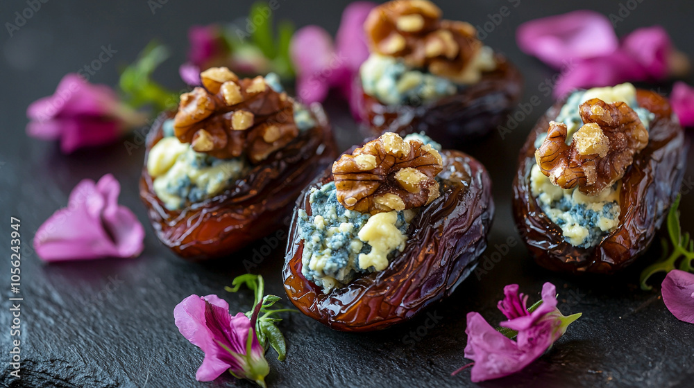 Fototapeta premium Stuffed Dates with Blue Cheese and Walnuts on Slate with Floral Garnish