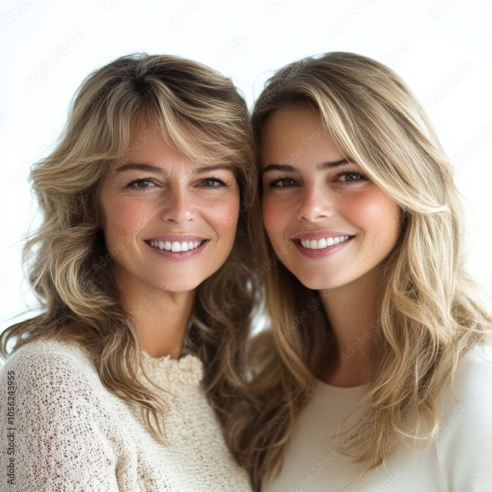 Mother and daughter smiling in close-up portrait, both wearing light sweaters, studio setting, family bond, loving relationship, happy expressions, natural beauty, generations, casual Mother and daughter smiling in close-up portrait, both wearing light sweaters, studio setting, family bond, loving relationship, happy expressions, natural beauty, generations, casual